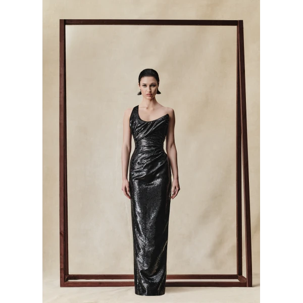 Rasario Sequin corset draped maxi dress in Black, view 2