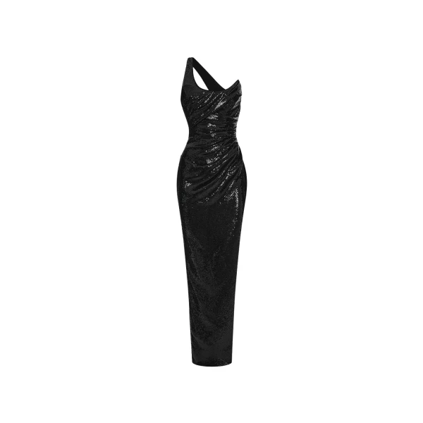 Rasario Sequin corset draped maxi dress in Black