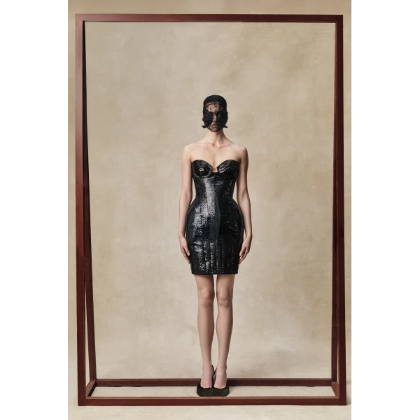 Rasario Sequin corset mini dress with voluminous skirt in Black, view 3