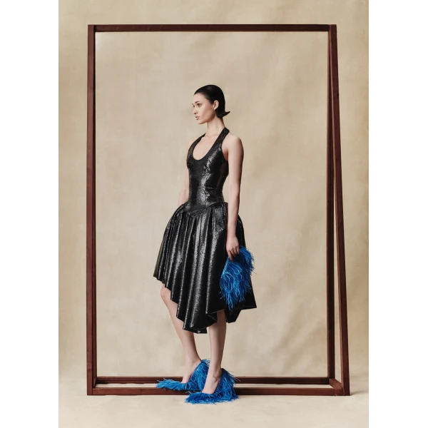 Rasario Sequin midi dress with asymmetric voluminous skirt in Black, view 2