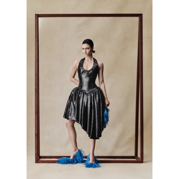 Rasario Sequin midi dress with asymmetric voluminous skirt in Black, view 3