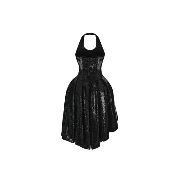 Rasario Sequin midi dress with asymmetric voluminous skirt in Black, view 4