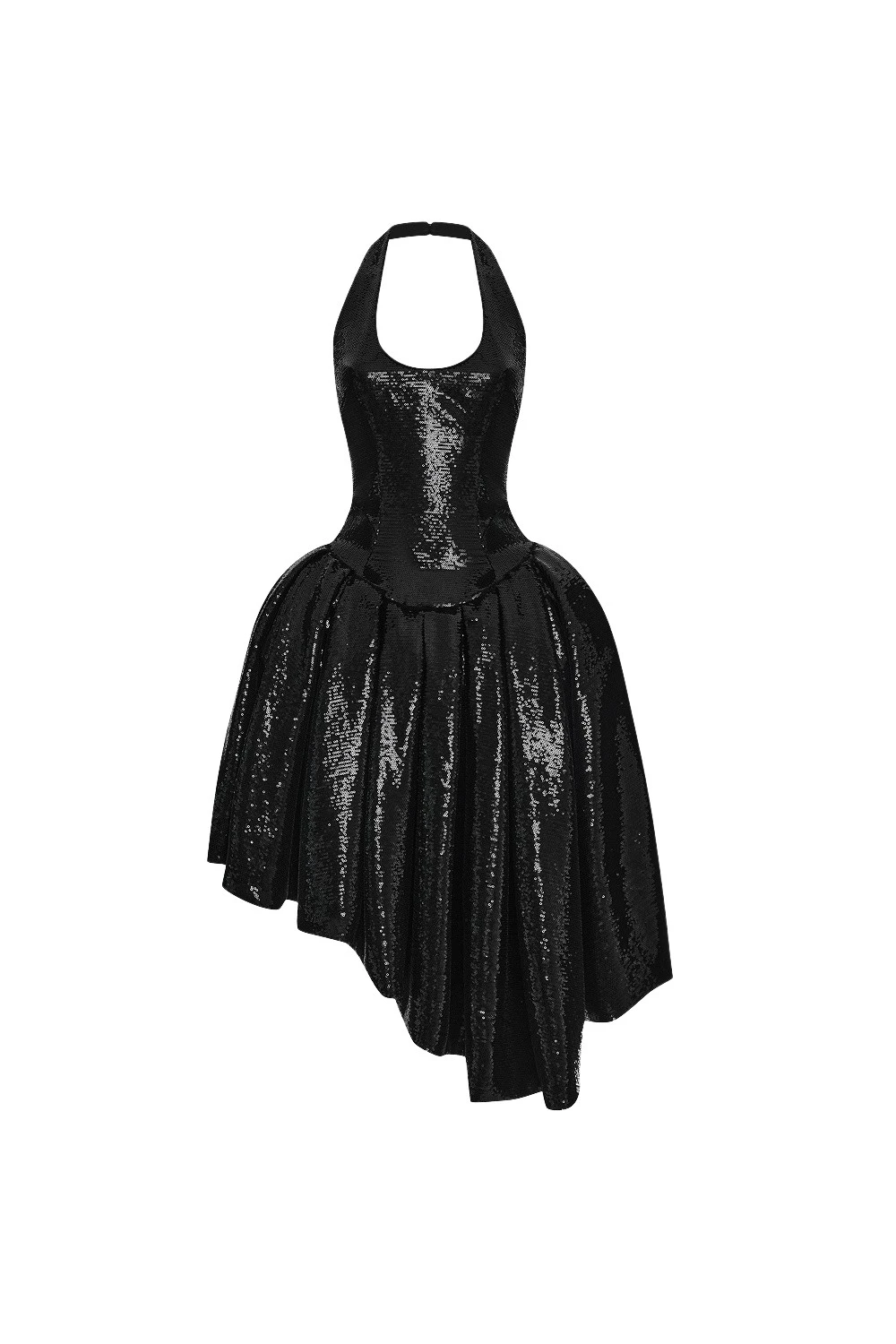 Rasario Sequin midi dress with asymmetric voluminous skirt in Black