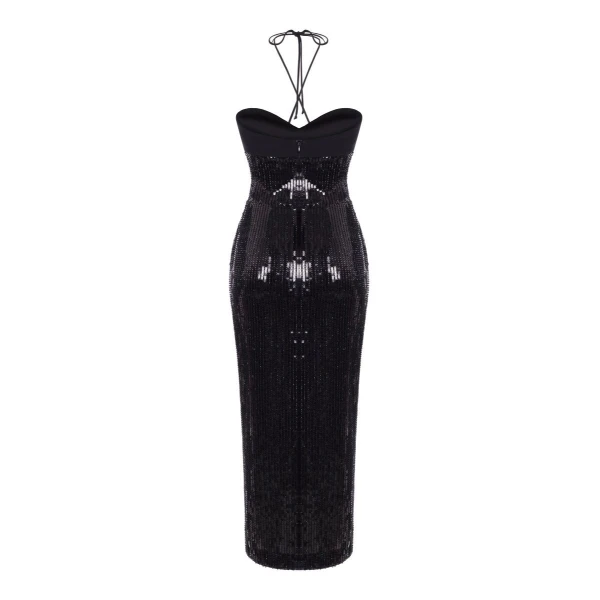 Rasario Sequined midi dress with crepe top in Black, view 3
