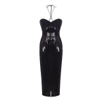 Rasario Sequined midi dress with crepe top in Black