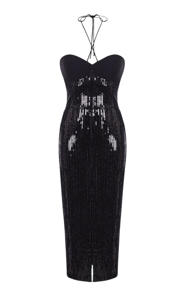 Rasario Sequined midi dress with crepe top in Black