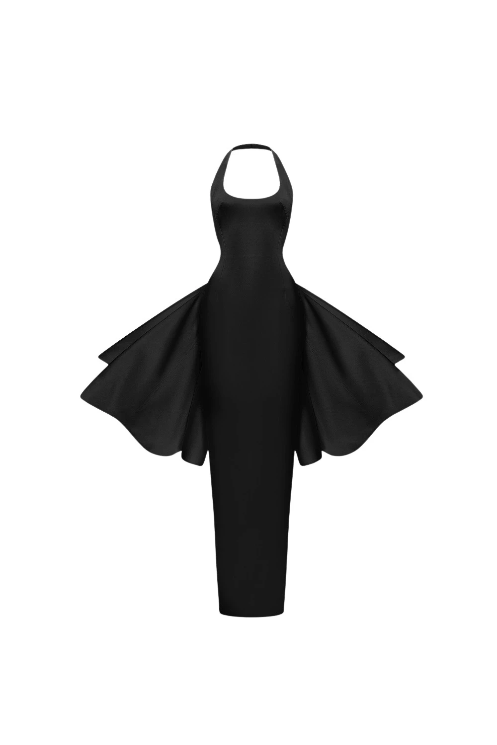 Rasario Structured satin maxi dress with detachable butterfly train in Black