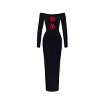 Rasario Velvet midi dress with chiffon red flowers in Black