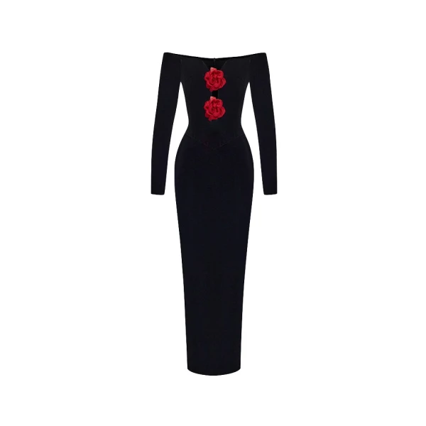 Rasario Velvet midi dress with chiffon red flowers in Black
