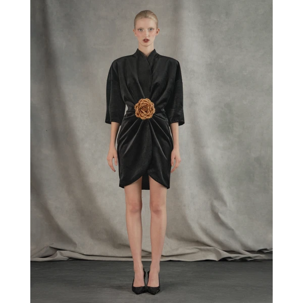 Rasario Velvet mini dress with a flower in Black, view 2