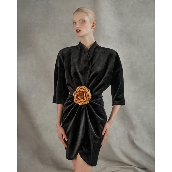 Rasario Velvet mini dress with a flower in Black, view 3