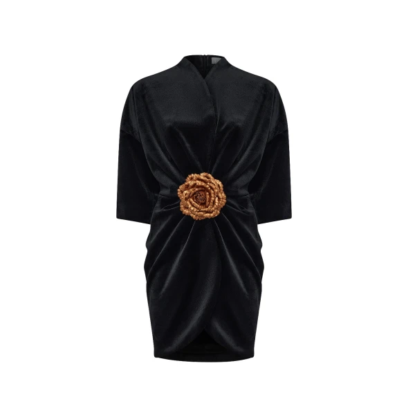 Rasario Velvet mini dress with a flower in Black