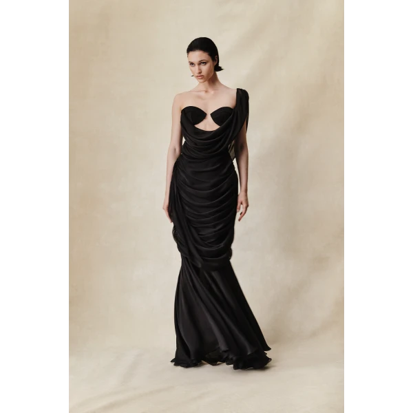 Rasario Viscose and silk corset maxi dress with draping in Black, view 2
