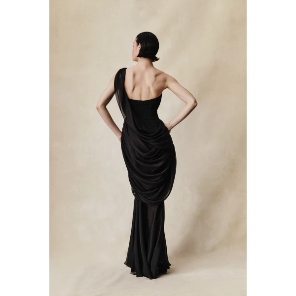 Rasario Viscose and silk corset maxi dress with draping in Black, view 4