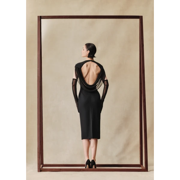 Rasario Viscose and silk midi dress with cowl back in Black, view 3