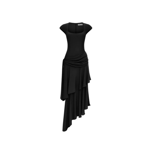 Rasario Viscose crepe asymmetric maxi dress with draping in Black