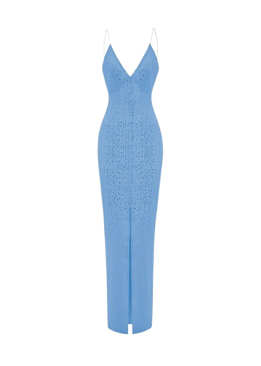 Rasario Crystal-embellished chiffon maxi dress with a slit in Blue