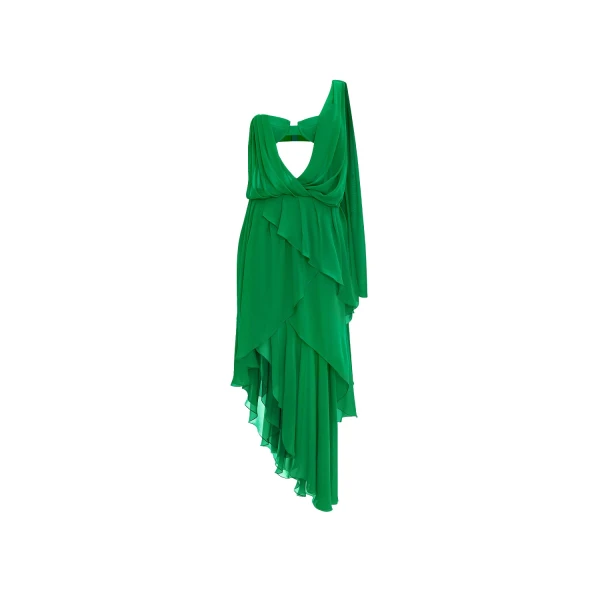 Rasario Chiffon asymmetric maxi dress with draping in Green