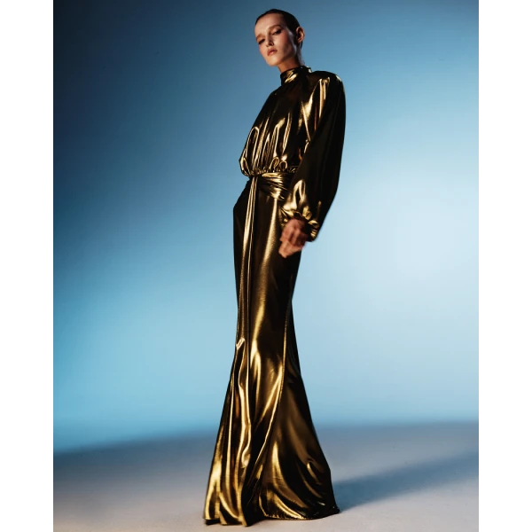 Rasario Draped chiffon maxi dress with voluminous shoulders and an open back in Olive, view 3