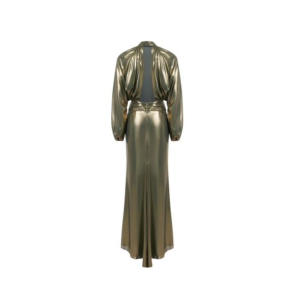 Rasario Draped chiffon maxi dress with voluminous shoulders and an open back in Olive, view 5