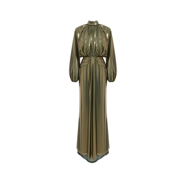 Rasario Draped chiffon maxi dress with voluminous shoulders and an open back in Olive