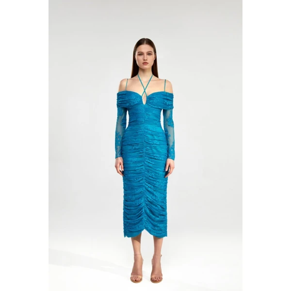 Rasario Draped off-the-shoulder lace midi dress in Turquoise, view 2