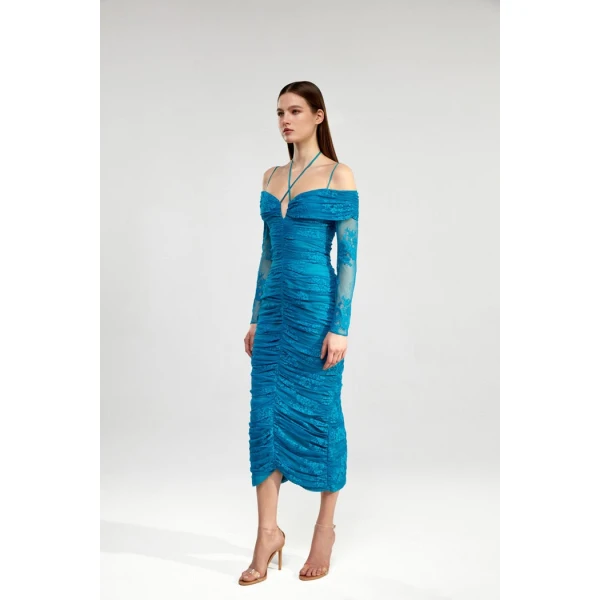 Rasario Draped off-the-shoulder lace midi dress in Turquoise, view 3