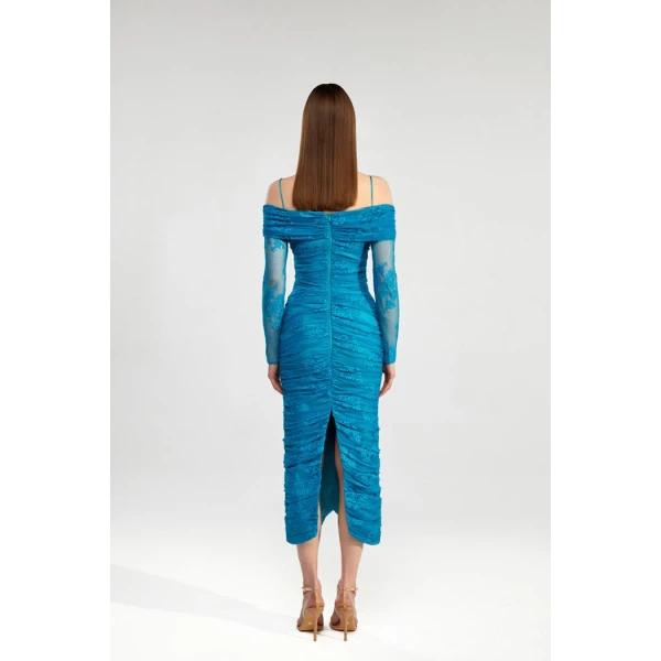 Rasario Draped off-the-shoulder lace midi dress in Turquoise, view 4