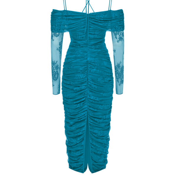 Rasario Draped off-the-shoulder lace midi dress in Turquoise, view 5