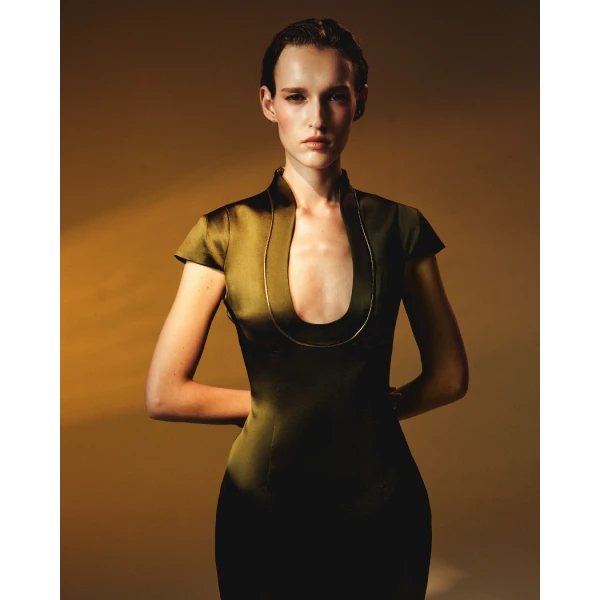 Rasario Satin midi dress with piping trim in Olive, view 3