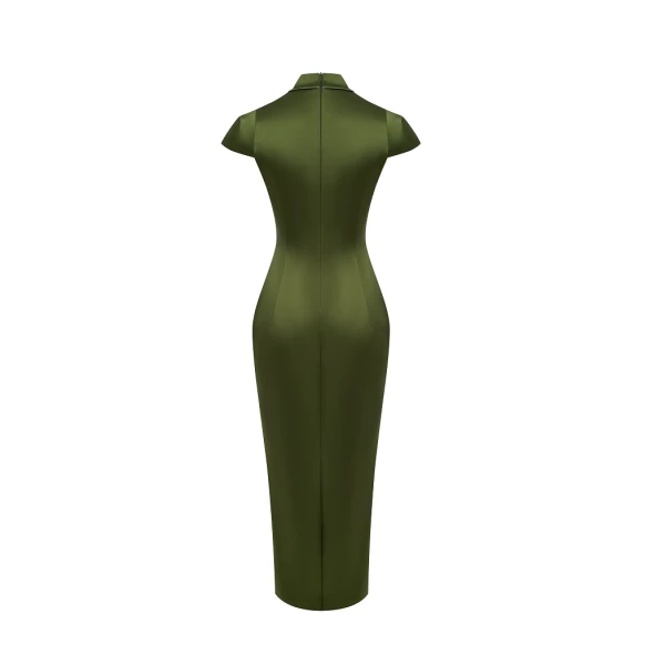 Rasario Satin midi dress with piping trim in Olive, view 4