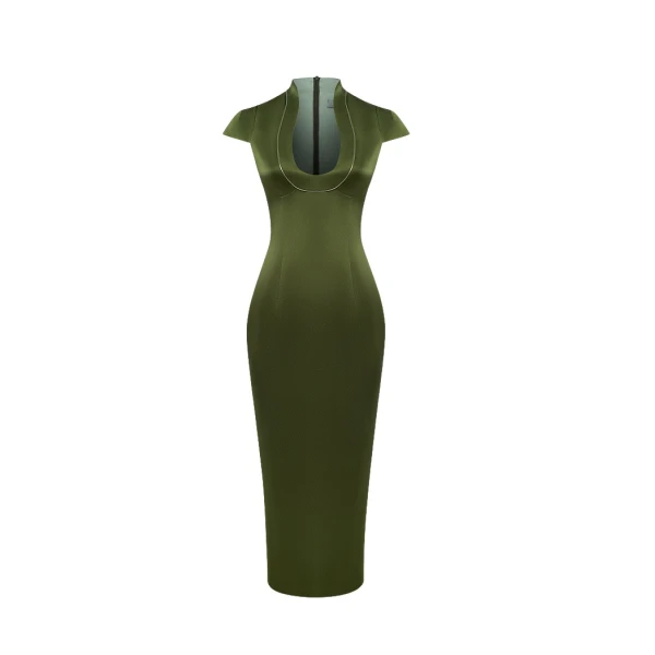 Rasario Satin midi dress with piping trim in Olive