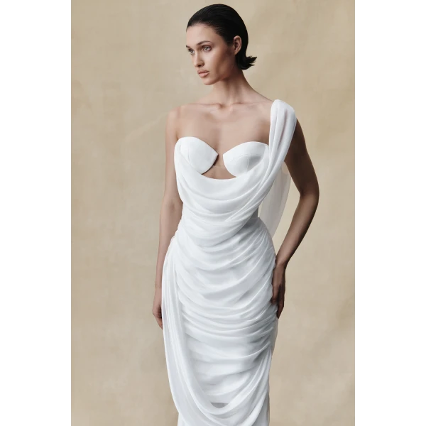 Rasario Viscose and silk corset maxi dress with draping in Green, view 3