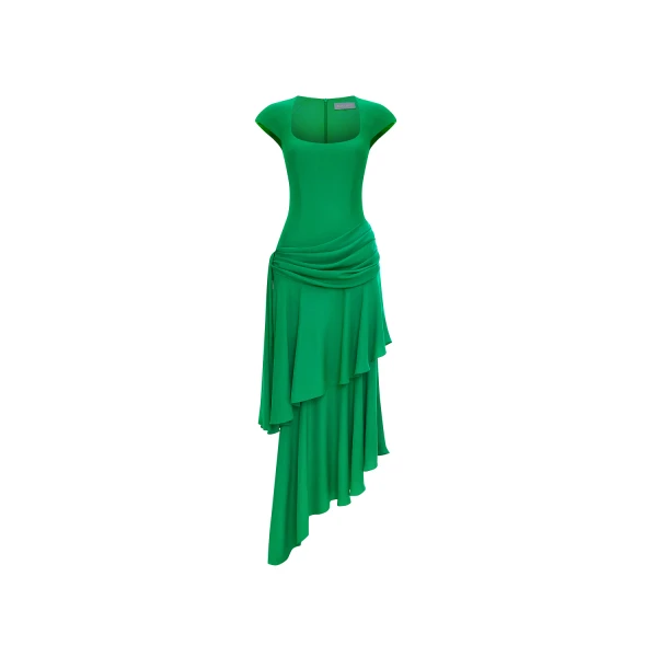 Rasario Viscose crepe asymmetric maxi dress with draping in Green, view 5