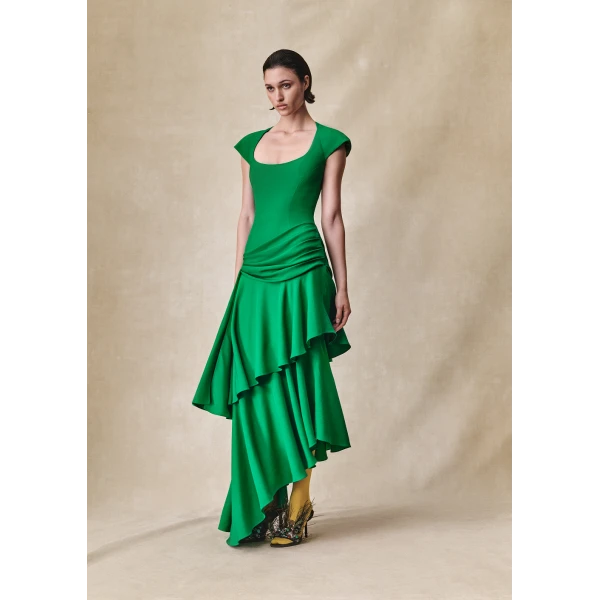 Rasario Viscose crepe asymmetric maxi dress with draping in Green, view 2