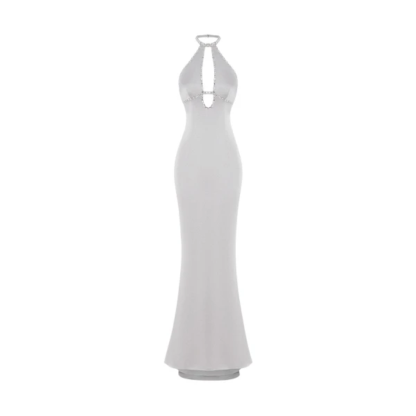 Rasario Crystal-embellished satin maxi dress with cutout in Grey