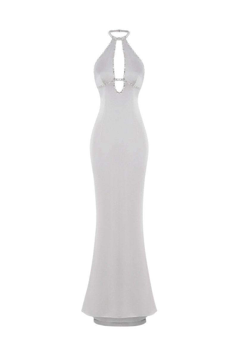 Rasario Crystal-embellished satin maxi dress with cutout in Grey