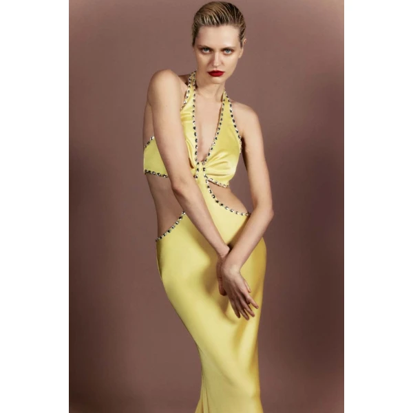 Rasario Crystal-embellished satin maxi dress with cutouts in Grey, view 2