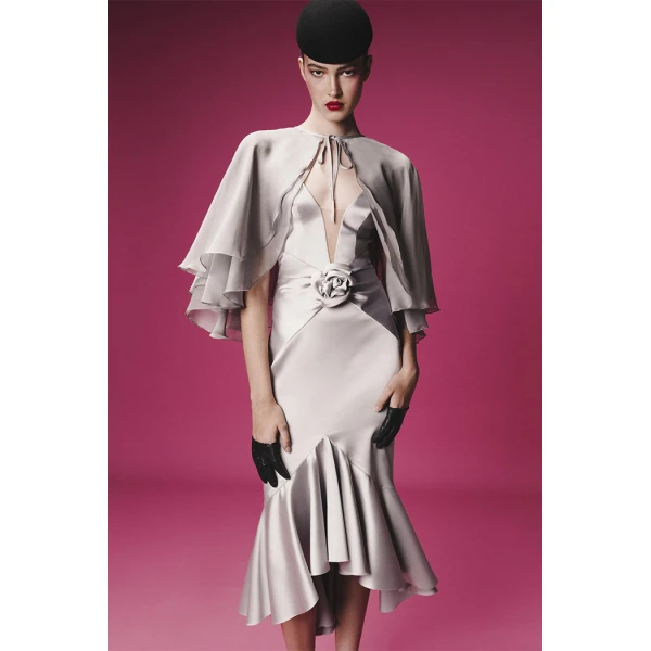 Rasario Satin midi dress with a flower and cropped cape in Grey, view 2
