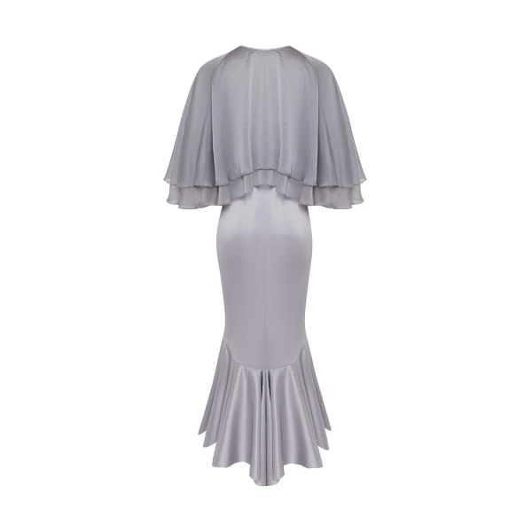 Rasario Satin midi dress with a flower and cropped cape in Grey, view 3