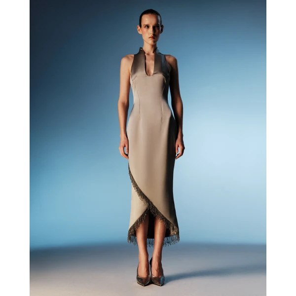 Rasario Satin midi dress with fringe trim in Grey, view 2