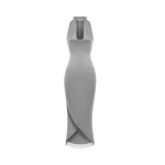 Rasario Satin midi dress with fringe trim in Grey