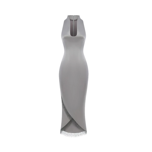 Rasario Satin midi dress with fringe trim in Grey