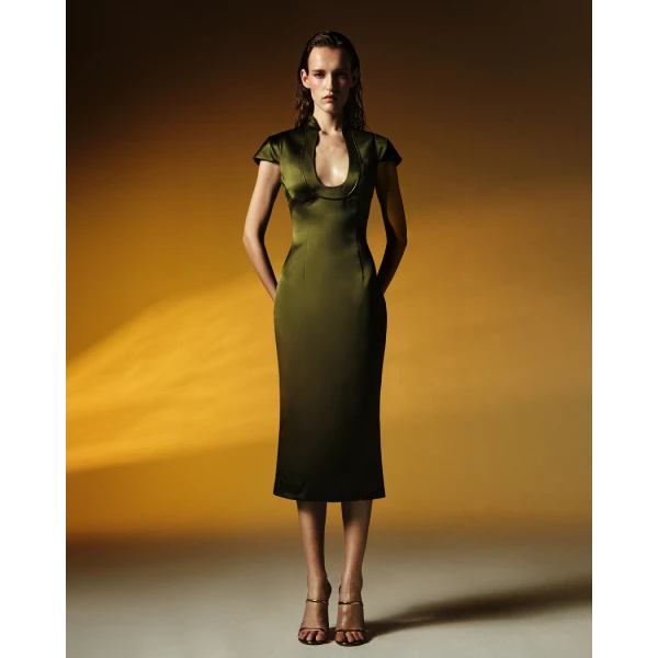 Rasario Satin midi dress with piping trim in Grey, view 3