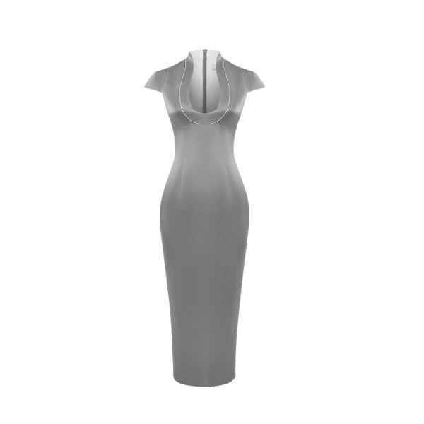 Rasario Satin midi dress with piping trim in Grey