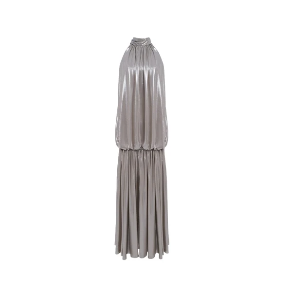 Rasario Chiffon maxi dress with an open back in Silver