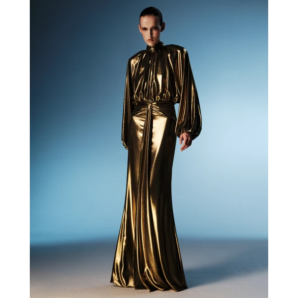 Rasario Draped chiffon maxi dress with voluminous shoulders and an open back in Silver, view 3