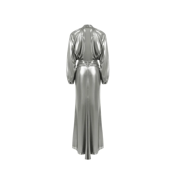 Rasario Draped chiffon maxi dress with voluminous shoulders and an open back in Silver, view 5
