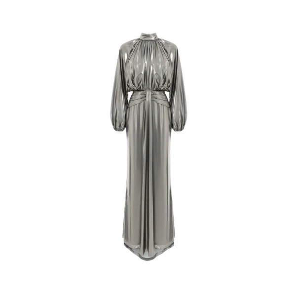 Rasario Draped chiffon maxi dress with voluminous shoulders and an open back in Silver
