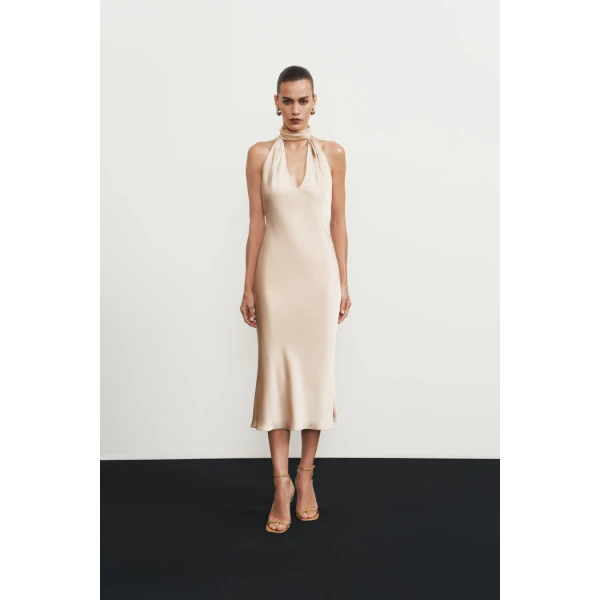 Rasario Satin midi dress with a cutout in Gold, view 2